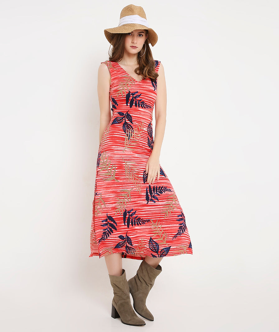 Bamboo Print Long Summer Dress with Back Tieup Detail and Side Slits