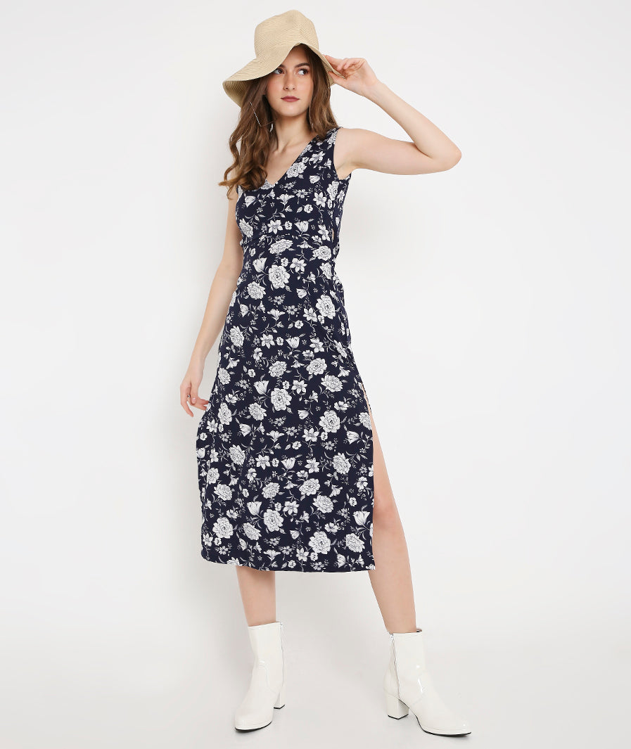 Navy Long Summer Dress with Back Tieup Detail and Side Slits