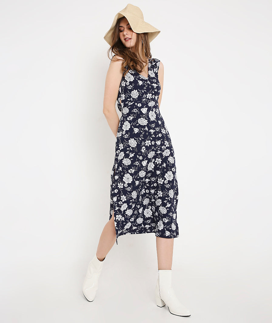 Navy Long Summer Dress with Back Tieup Detail and Side Slits