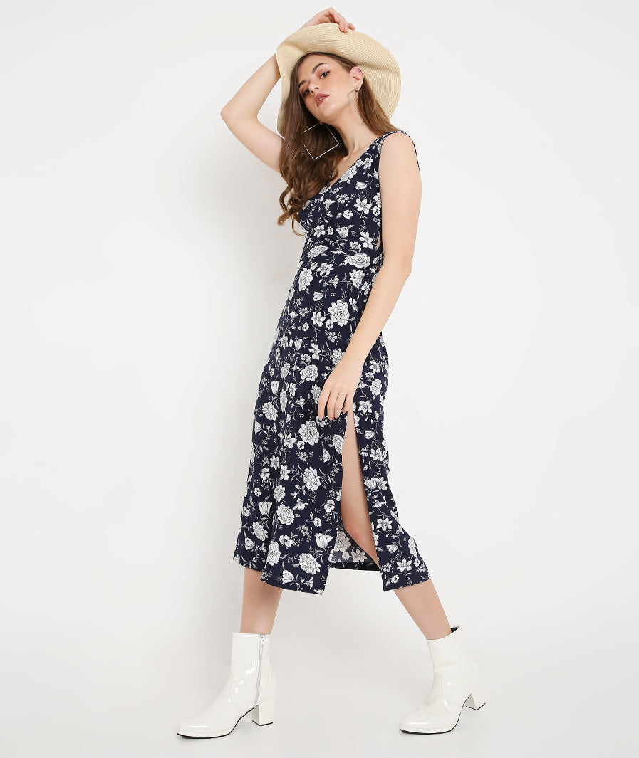 Navy Long Summer Dress with Back Tieup Detail and Side Slits