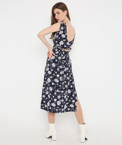 Navy Long Summer Dress with Back Tieup Detail and Side Slits