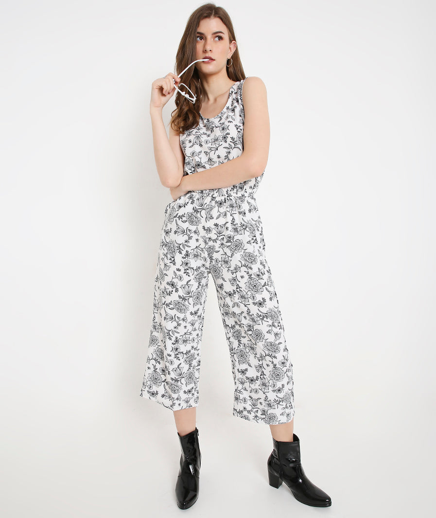 Floral White Summer Jumpsuit with  Pockets