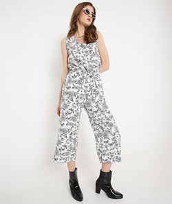 Floral White Summer Jumpsuit with  Pockets