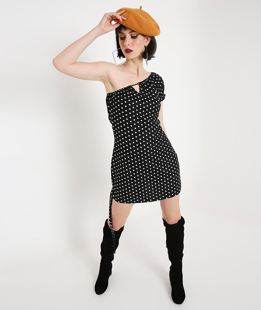 Polka Dots Off Shoulder Puff Sleeve Dress with Centre detail