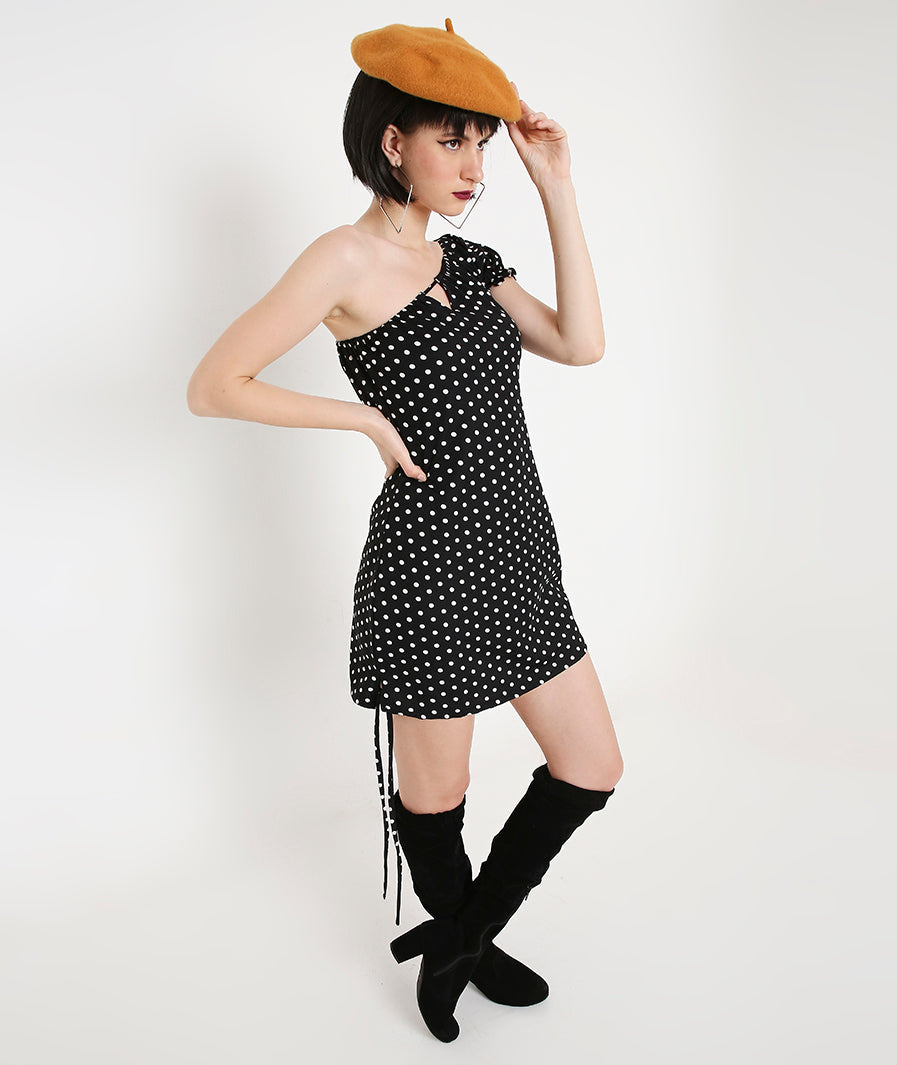 Polka Dots Off Shoulder Puff Sleeve Dress with Centre detail