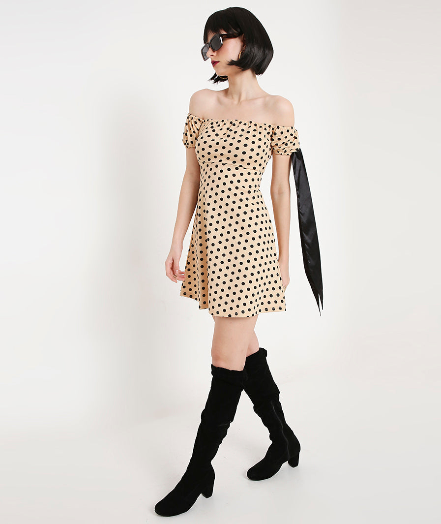 Cream Puff Sleeves Polka Dots Dress with Satin Sash