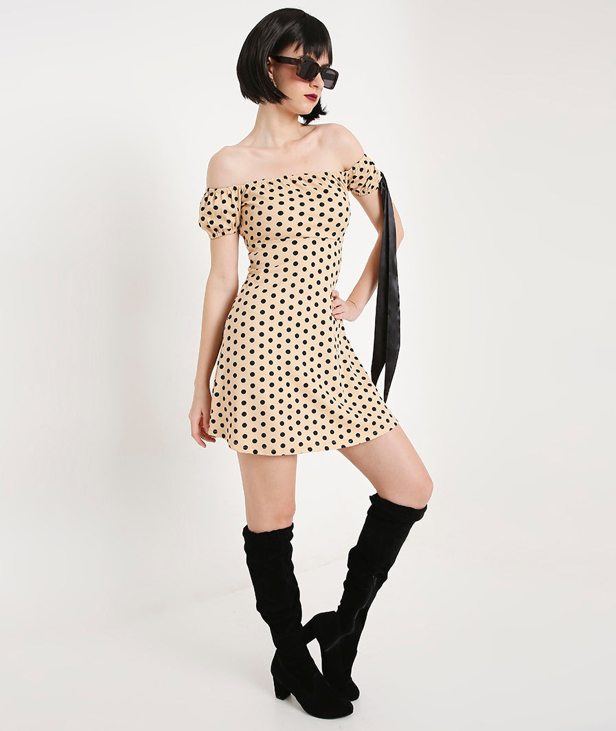 Cream Puff Sleeves Polka Dots Dress with Satin Sash