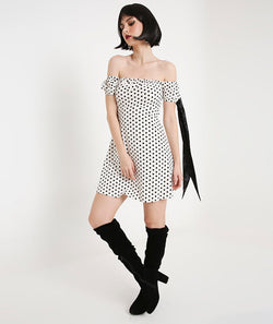 White Puff Sleeves Polka Dots Dress with Satin Sash