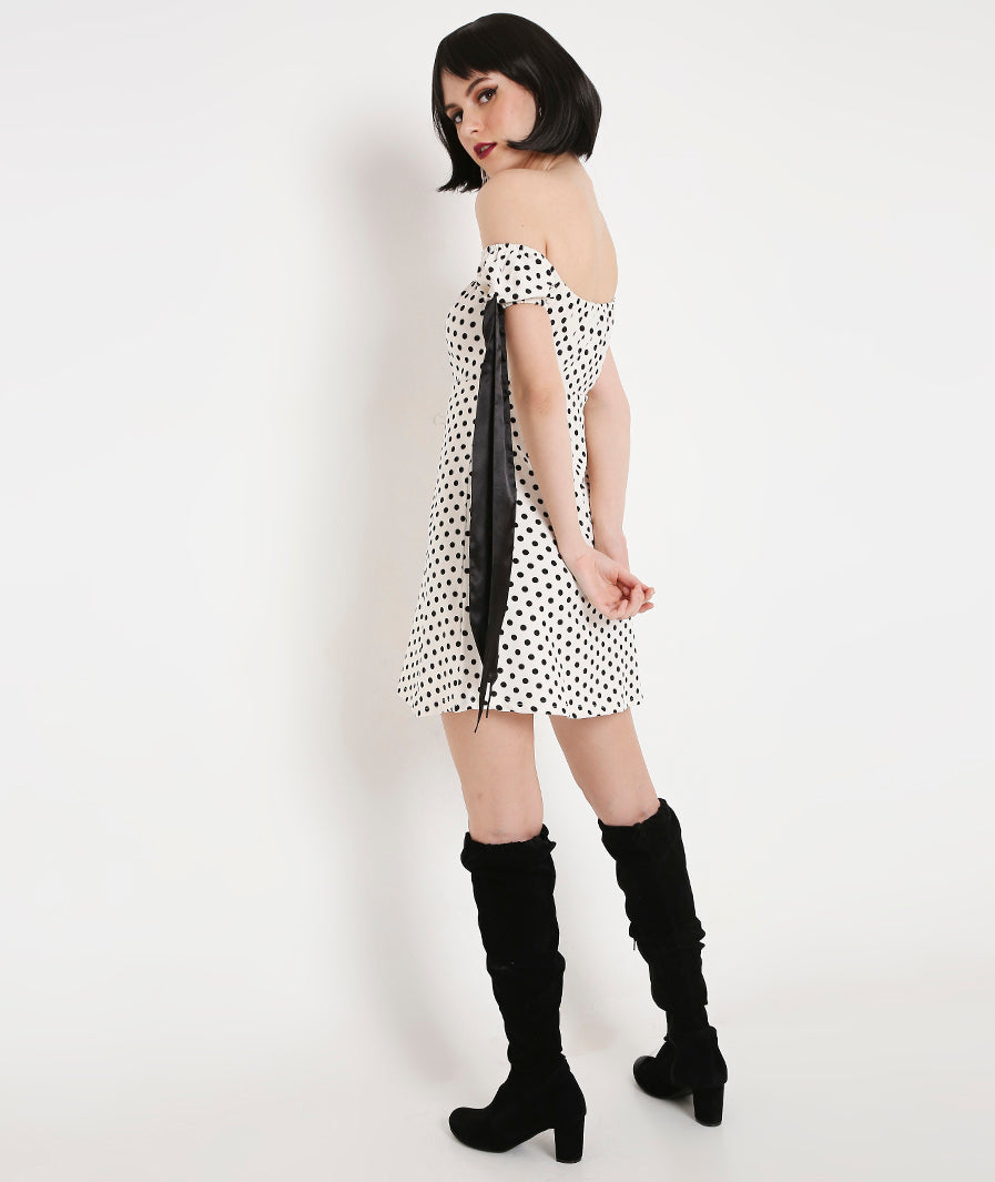 White Puff Sleeves Polka Dots Dress with Satin Sash