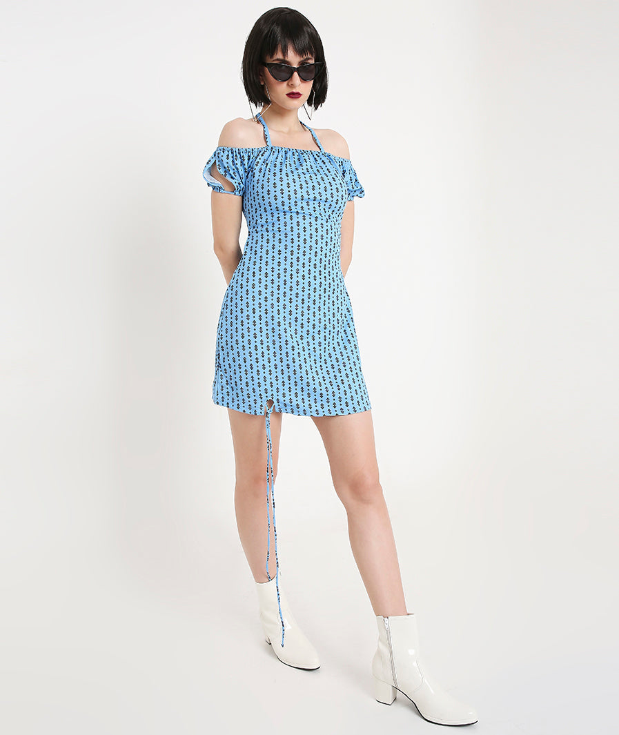 Card Print Mini Dress with Back TieUp and Side Knot Detail