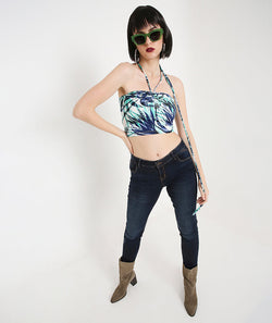 Green Leafy Beach Crop Top with Long Back TieUps