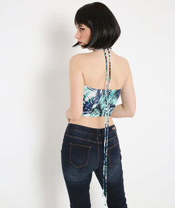 Green Leafy Beach Crop Top with Long Back TieUps