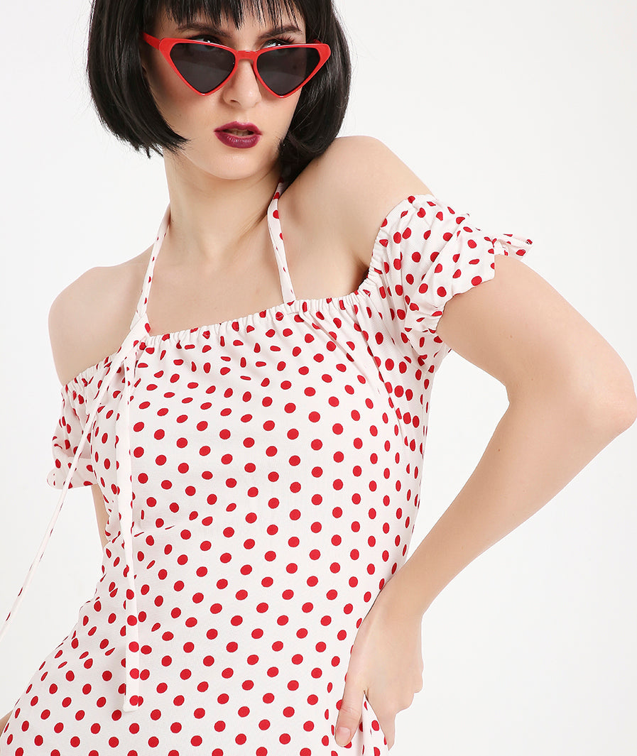 Polka Dots Mini Dress with Back TieUp and Side Knot Detail