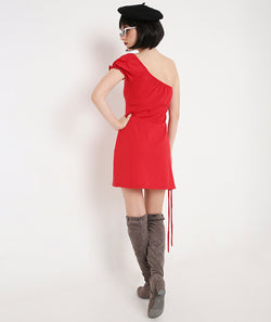 Red Off Shoulder Puff Sleeve Dress with Centre detail