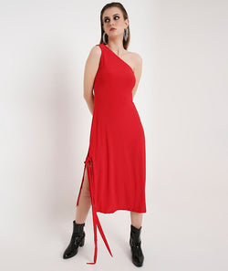 Off-Shoulder Cocktail Dress with a Side Sash-Red