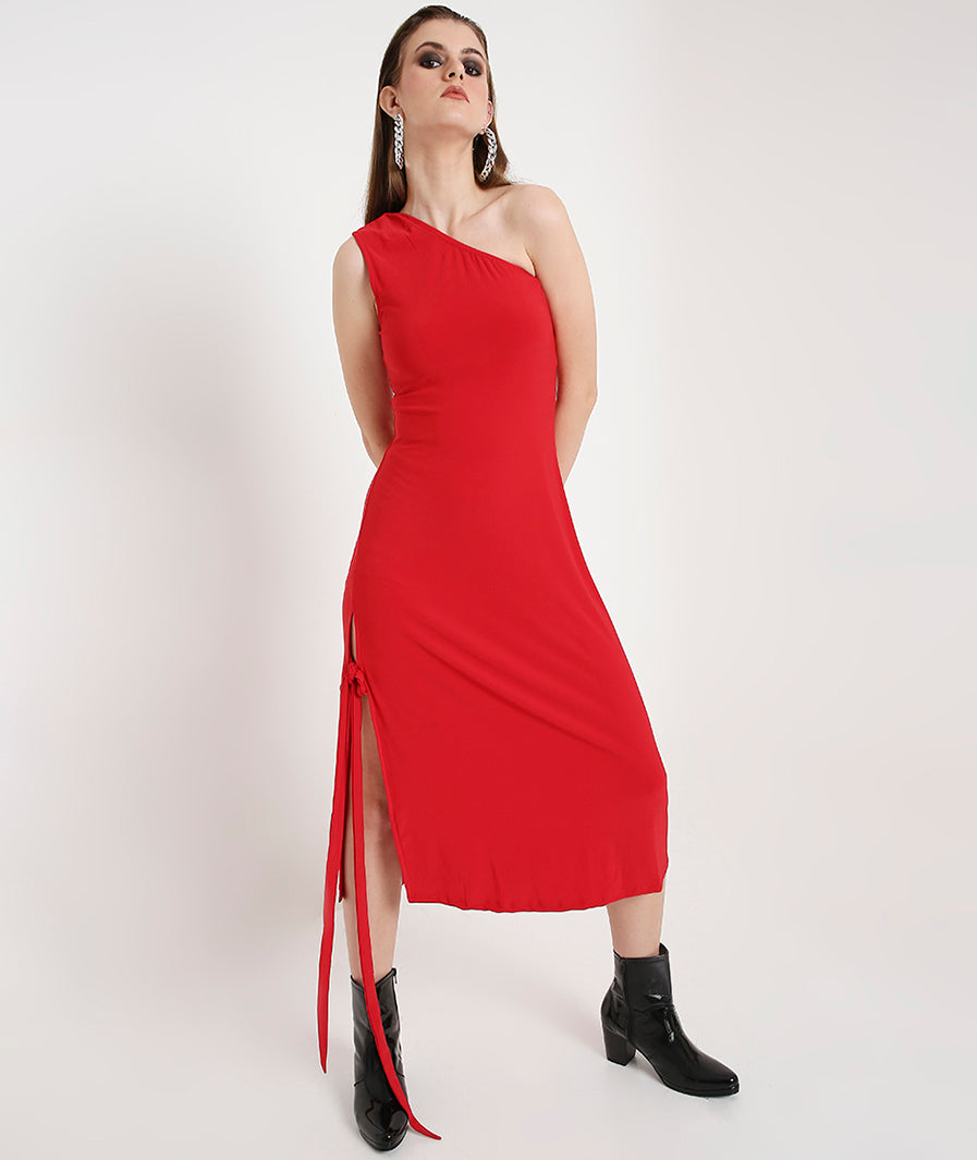 Off-Shoulder Cocktail Dress with a Side Sash-Red