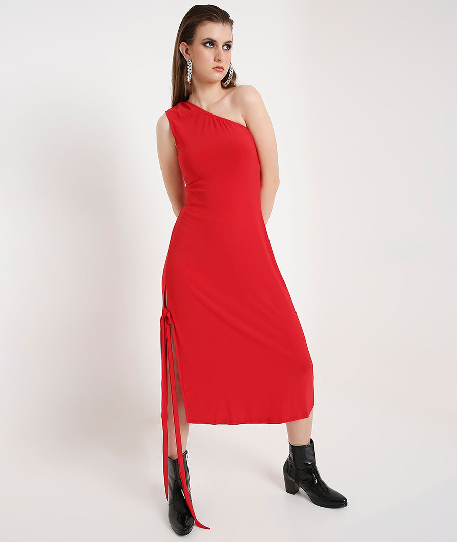 Off-Shoulder Cocktail Dress with a Side Sash-Red