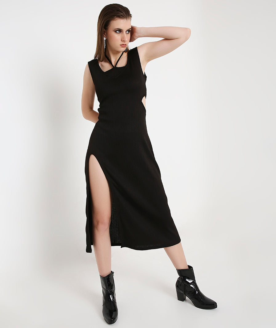 Black Cocktail Long Slit Knit Dress with Side Key Holes