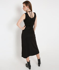 Black Cocktail Long Slit Knit Dress with Side Key Holes