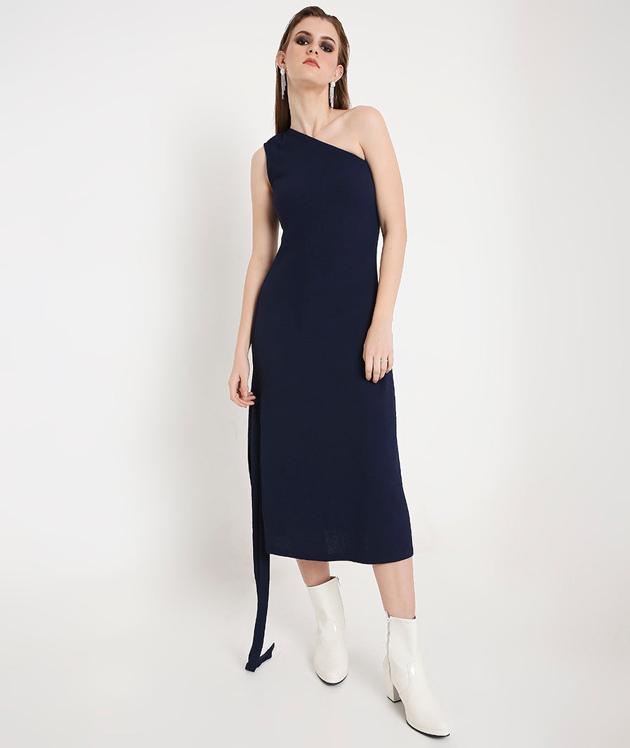 Navy Blue Off-Shoulder Cocktail Dress with a Side Sash