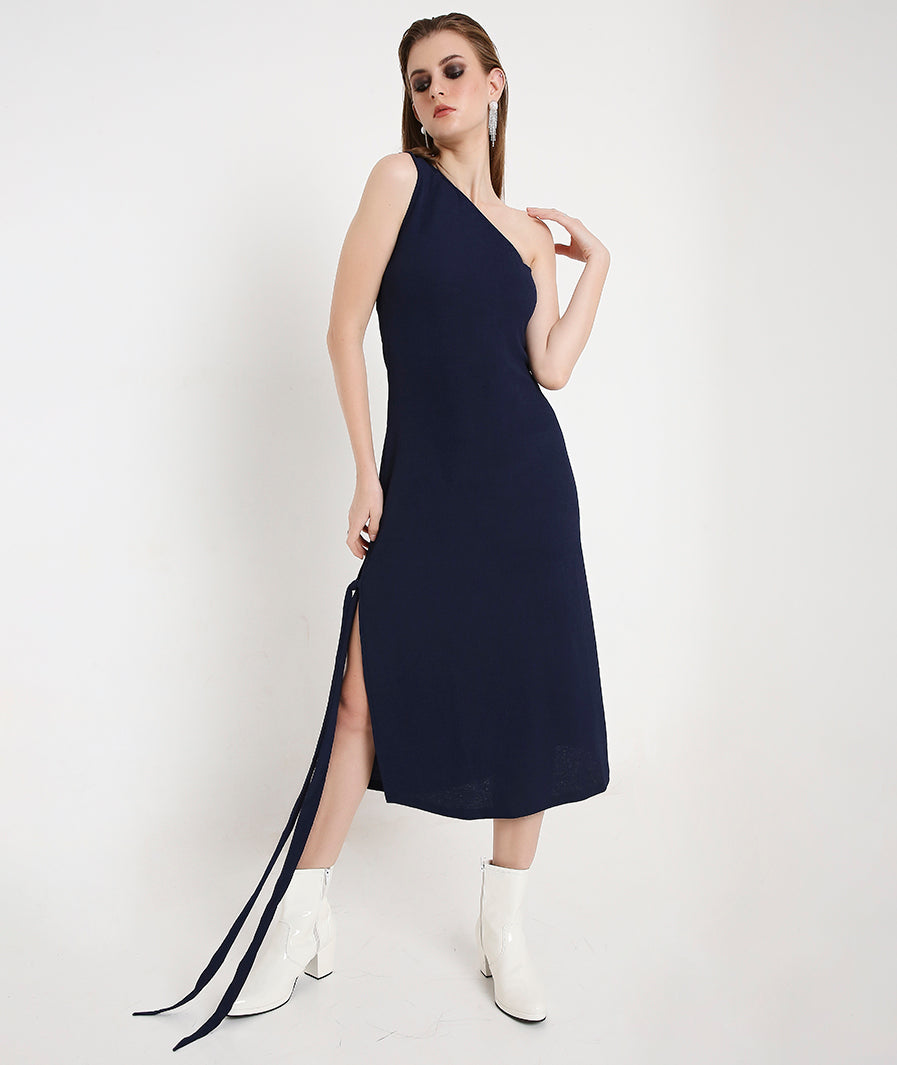 Navy Blue Off-Shoulder Cocktail Dress with a Side Sash