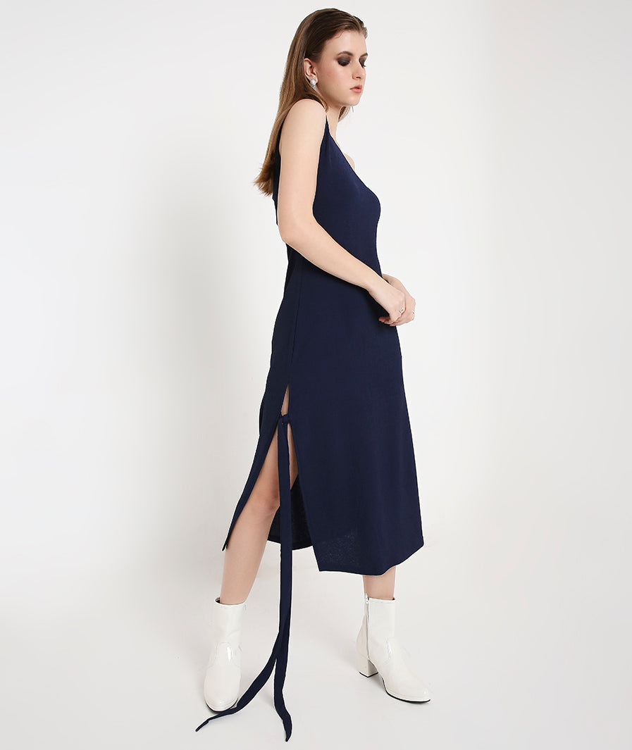 Navy Blue Off-Shoulder Cocktail Dress with a Side Sash