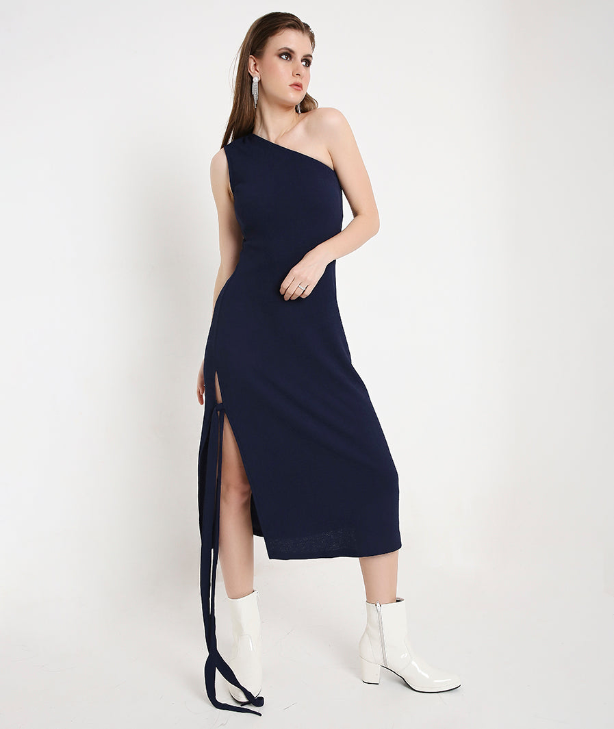 Navy Blue Off-Shoulder Cocktail Dress with a Side Sash