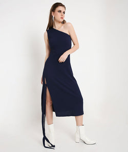 Navy Blue Off-Shoulder Cocktail Dress with a Side Sash