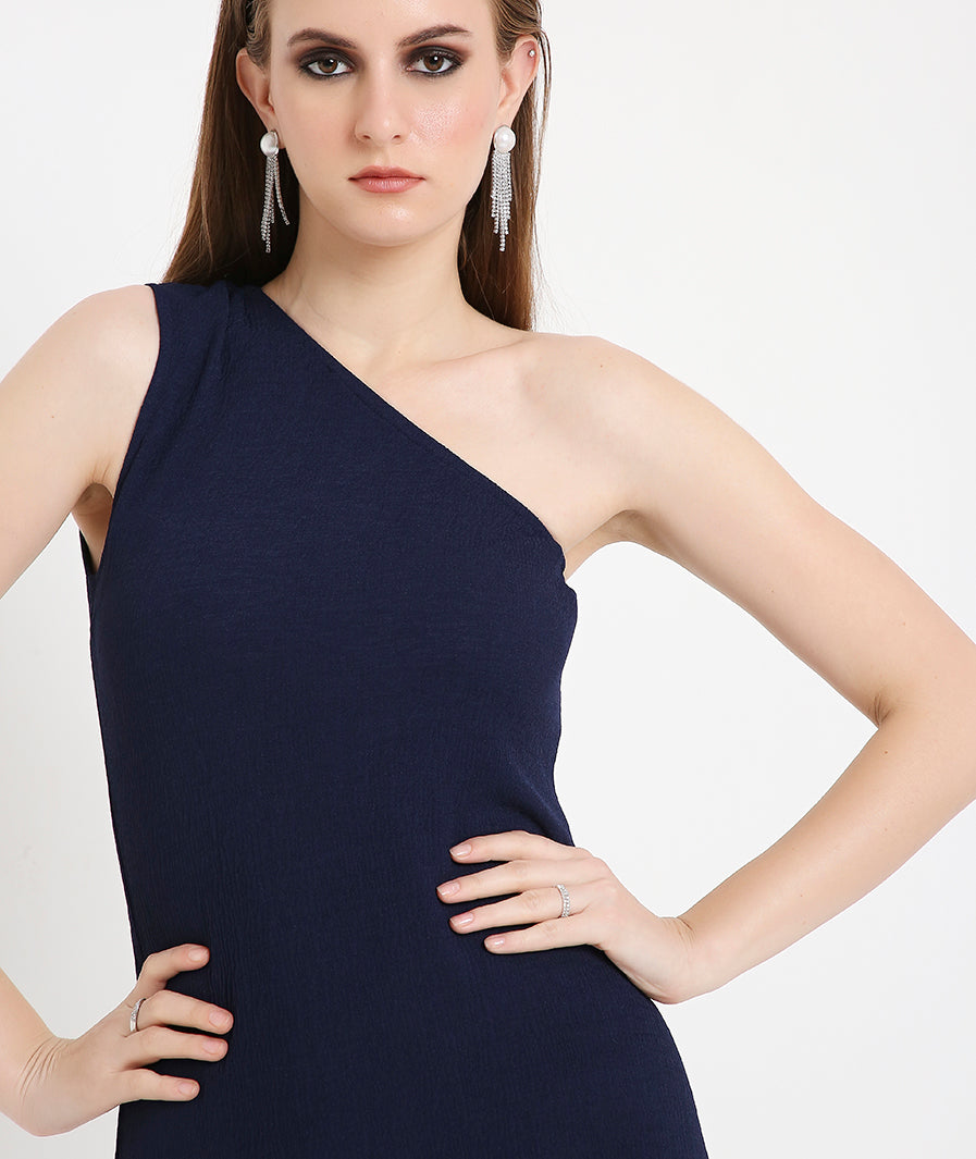 Navy Blue Off-Shoulder Cocktail Dress with a Side Sash