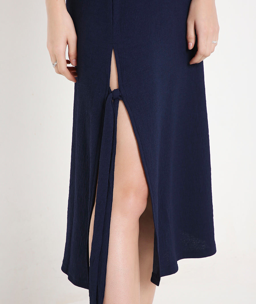 Navy Blue Off-Shoulder Cocktail Dress with a Side Sash