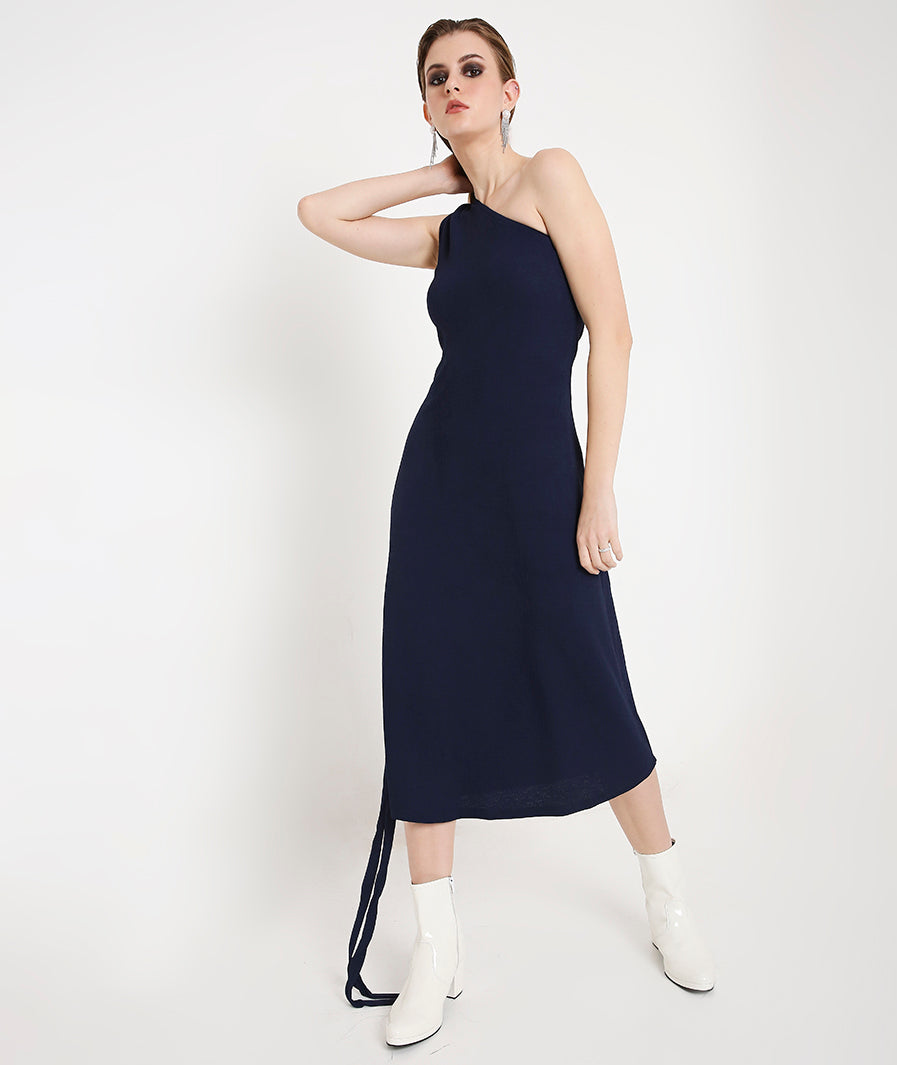 Navy Blue Off-Shoulder Cocktail Dress with a Side Sash