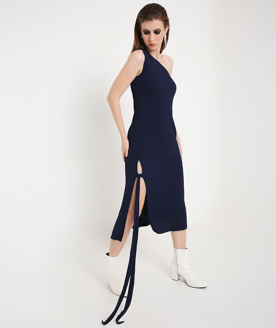 Navy Blue Off-Shoulder Cocktail Dress with a Side Sash