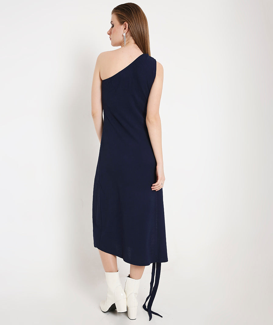 Navy Blue Off-Shoulder Cocktail Dress with a Side Sash