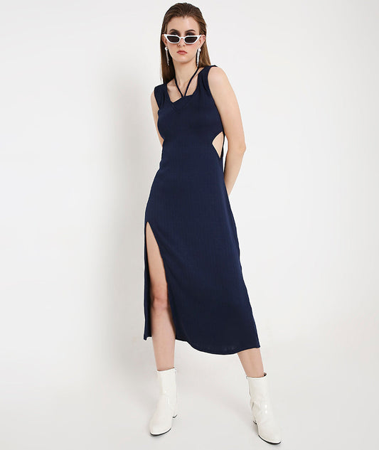 Navy Blue Cocktail Long Slit Knit Dress with Side Key Holes