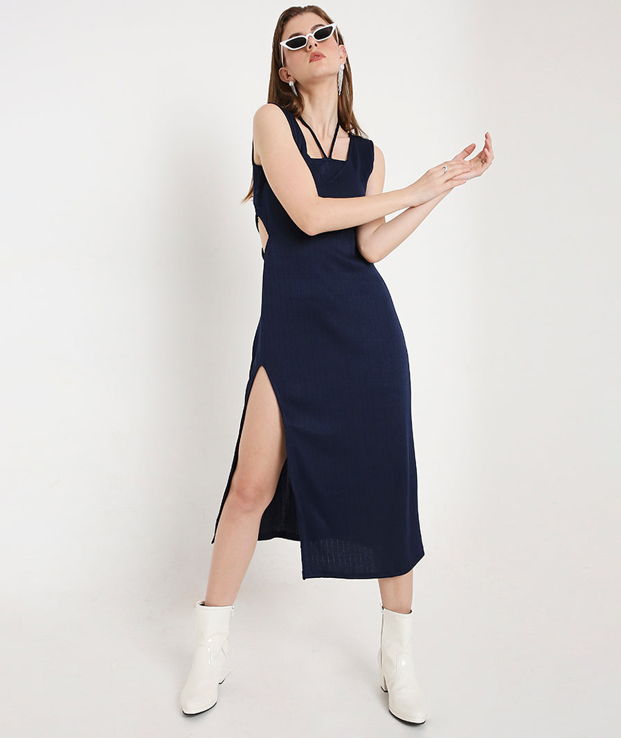 Navy Blue Cocktail Long Slit Knit Dress with Side Key Holes