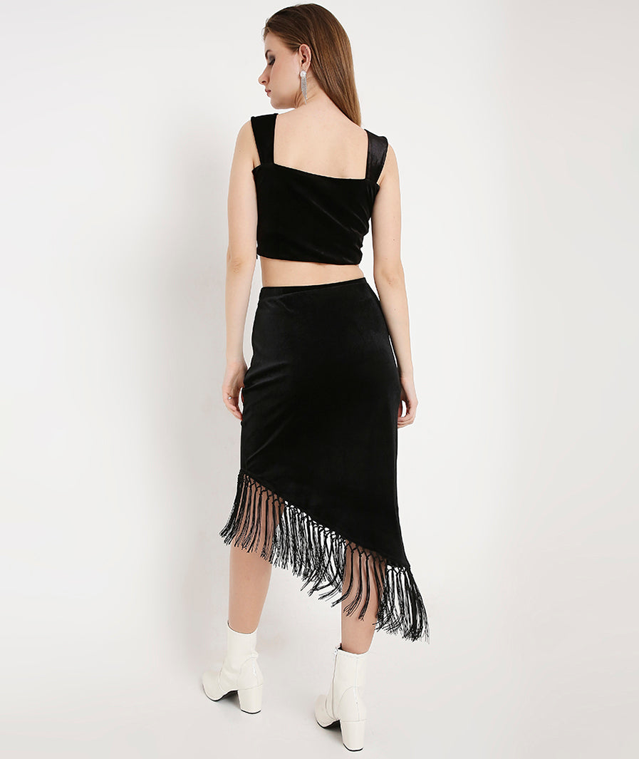 Black Velvet Crop Top + Tasseled Skirt Set