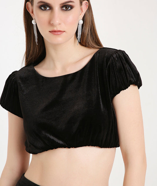 Velvet Balloon Crop Top-Black