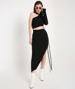 Black Thumb Loop Top + Asymmetrical Drawstring Skirt Set