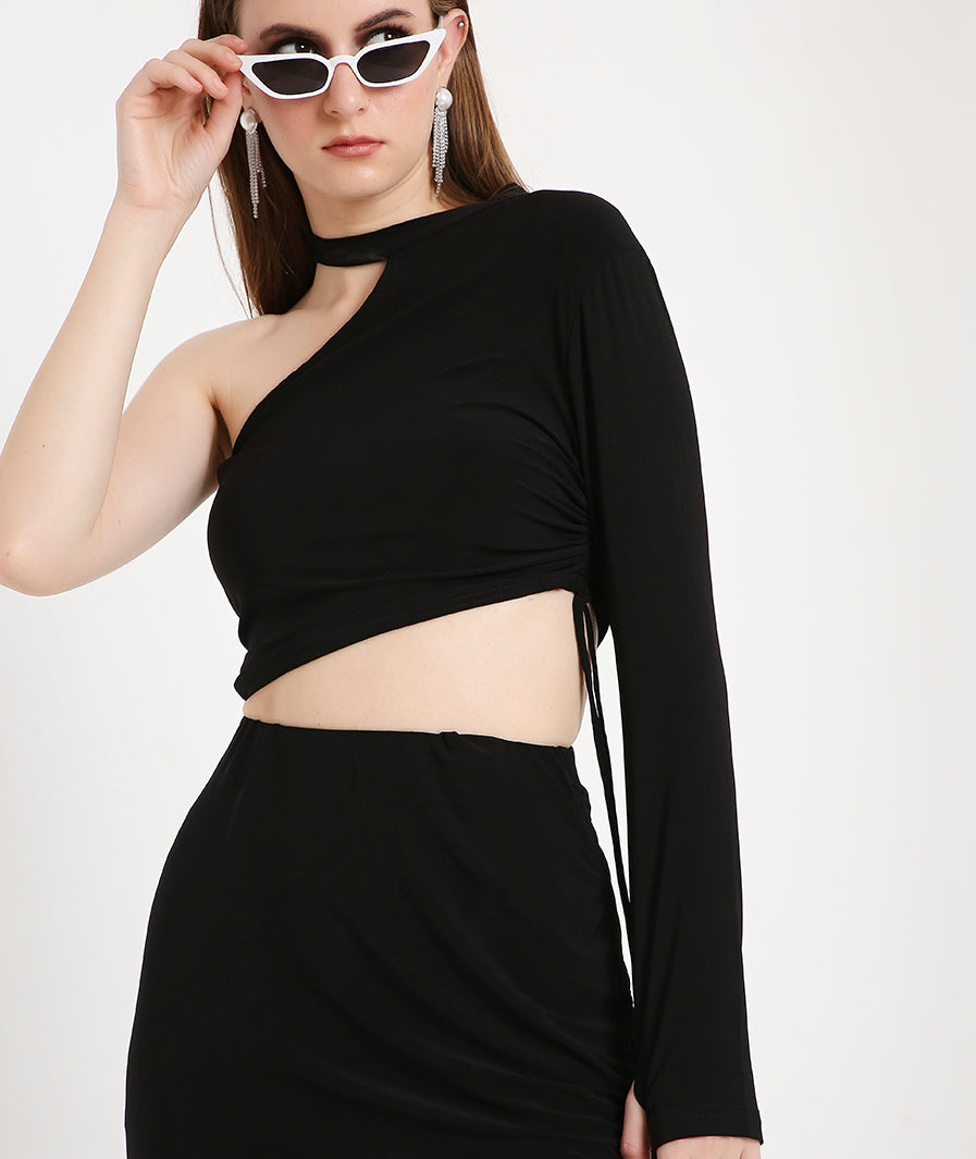 Black Off Shoulder Thumbhole Top with a Drawstring