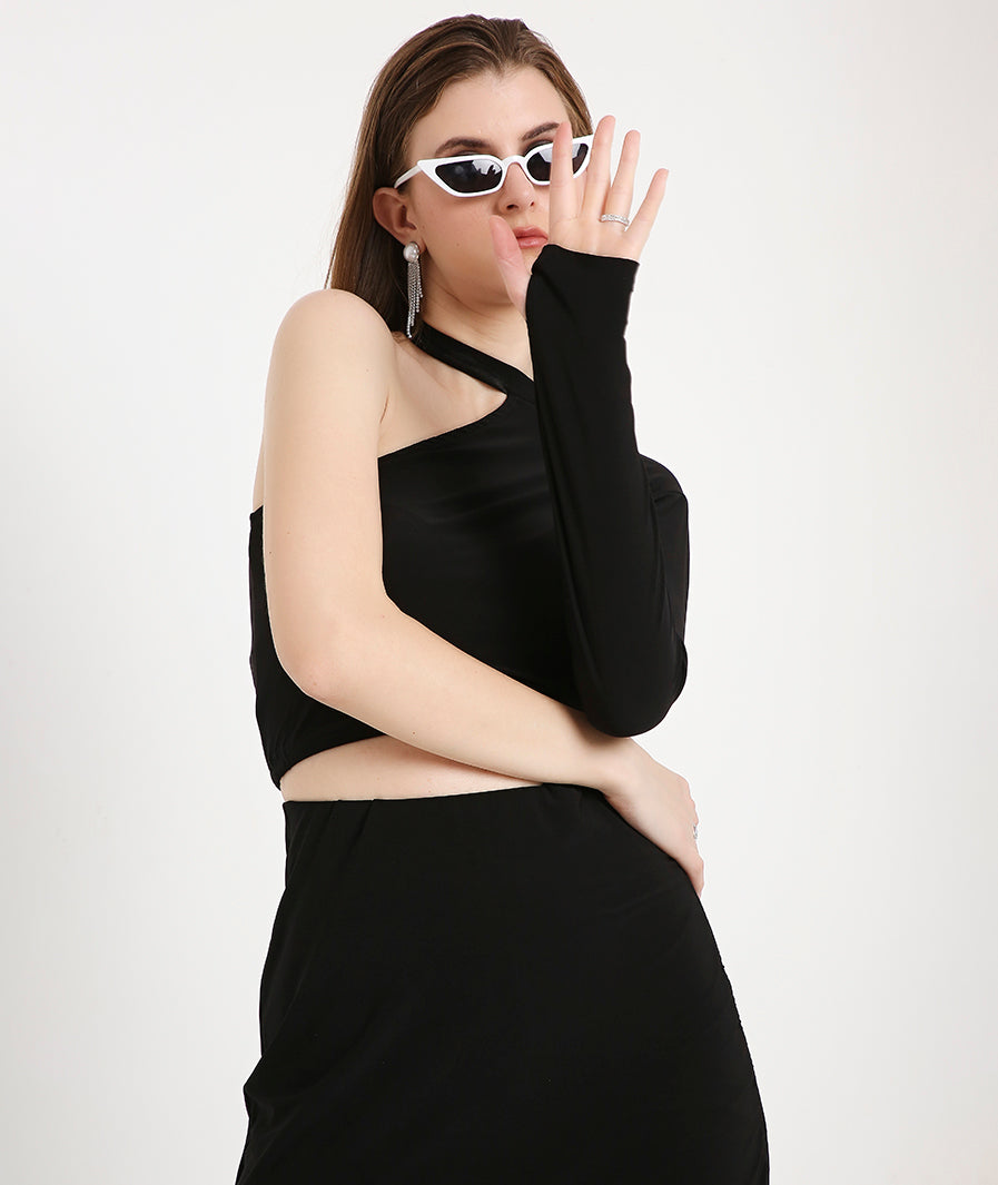 Black Off Shoulder Thumbhole Top with a Drawstring