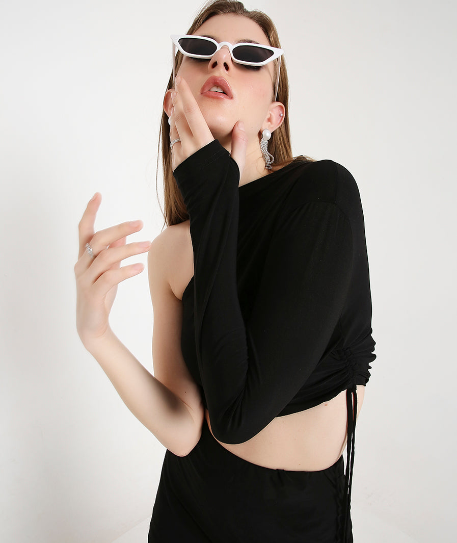 Black Off Shoulder Thumbhole Top with a Drawstring