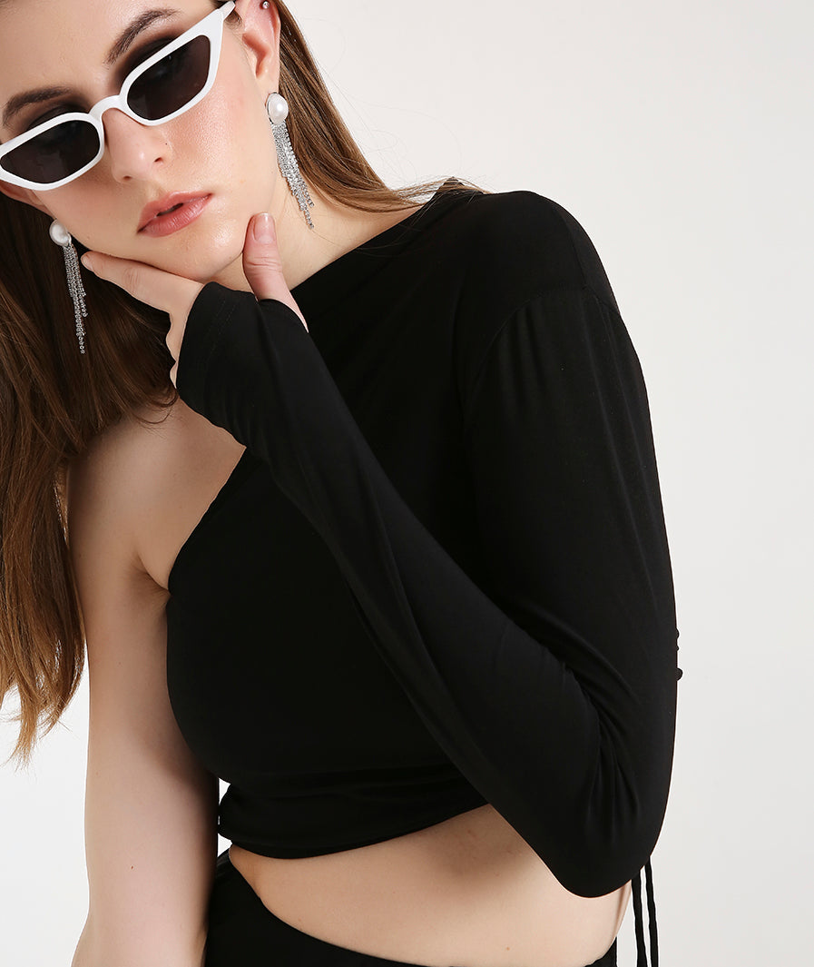 Black Off Shoulder Thumbhole Top with a Drawstring