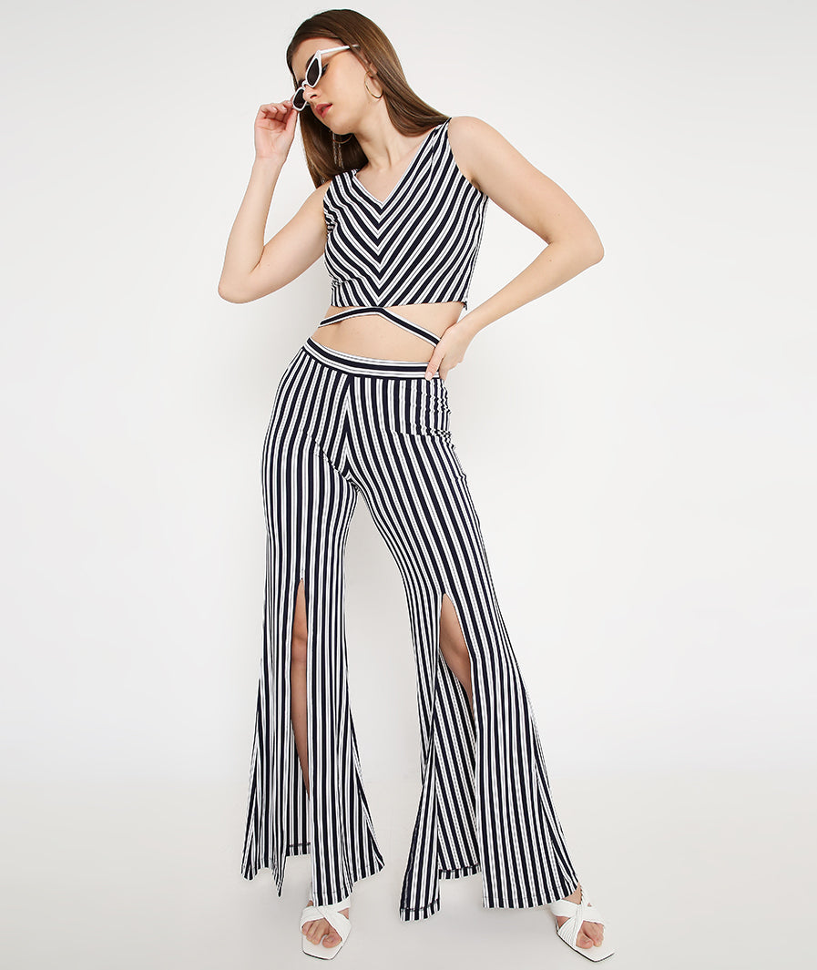 Navy Stripes Tie Around Top + Slit Pants Set