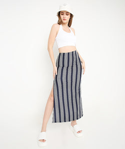 Blue Striped Skirt with Slits