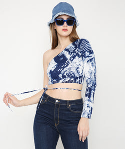 Blue Tie Dye Off-Shoulder Tieup Crop Top