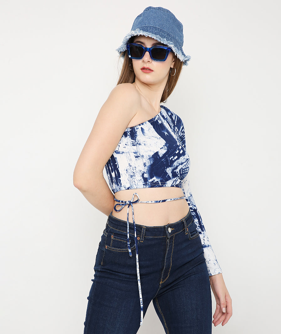 Blue Tie Dye Off-Shoulder Tieup Crop Top