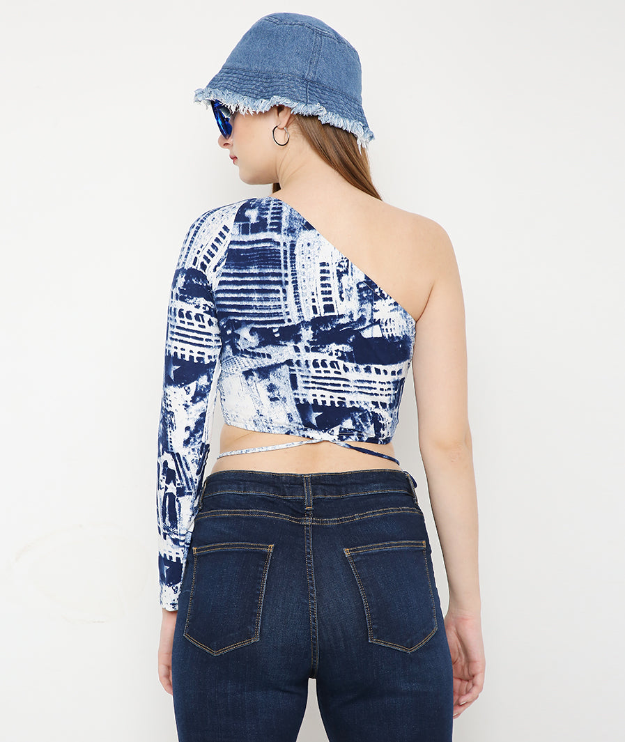 Blue Tie Dye Off-Shoulder Tieup Crop Top