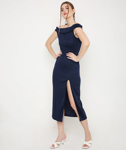 Navy Blue Off Shoulder High Slit Knit Dress