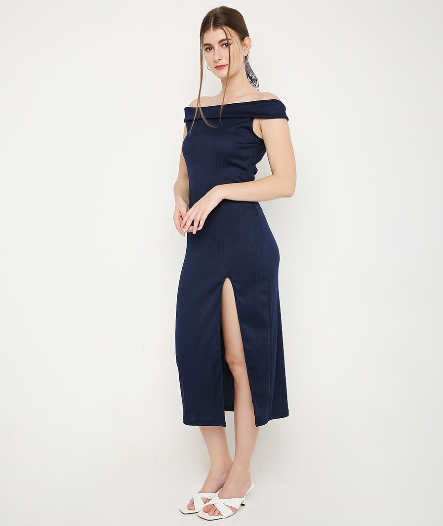 Navy Blue Off Shoulder High Slit Knit Dress