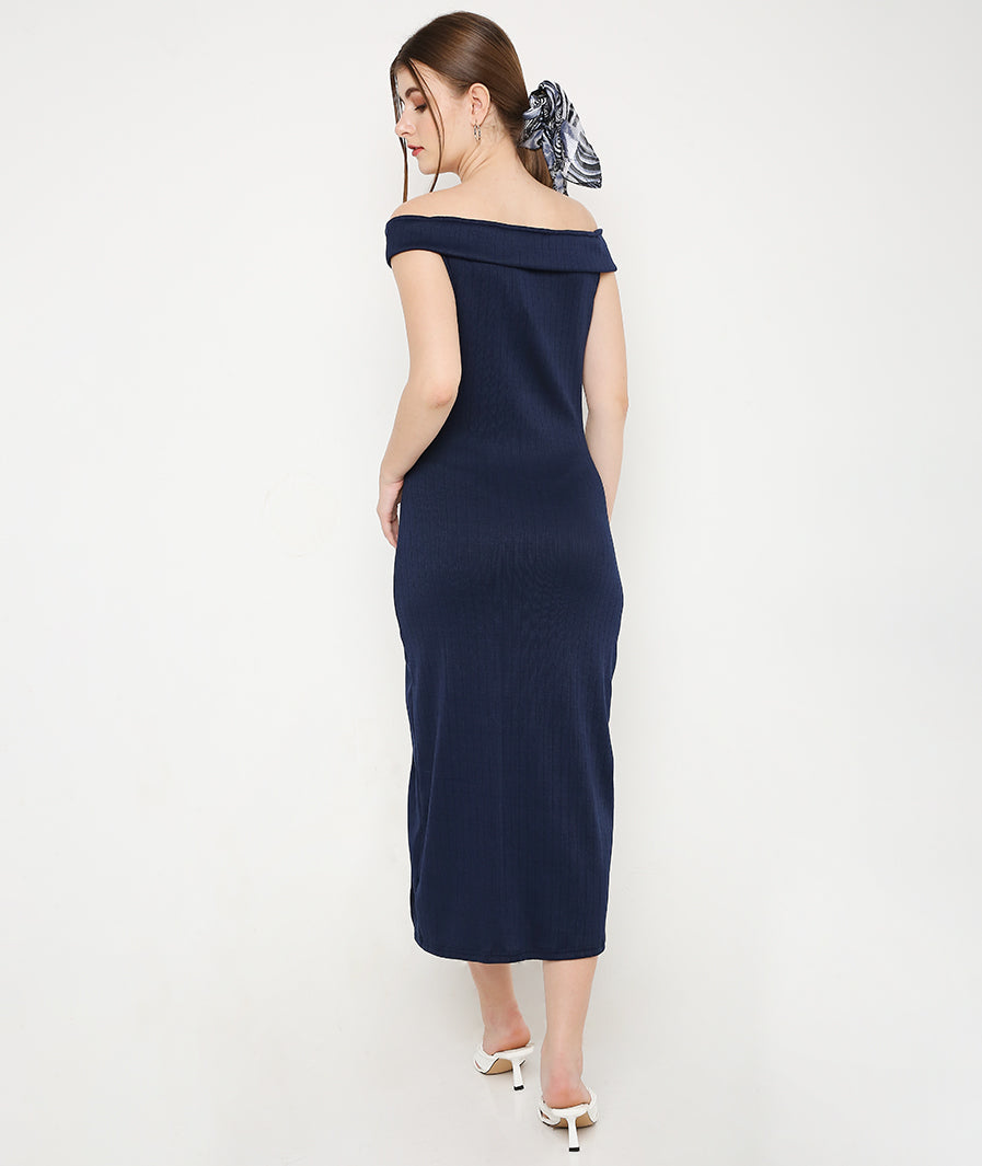 Navy Blue Off Shoulder High Slit Knit Dress